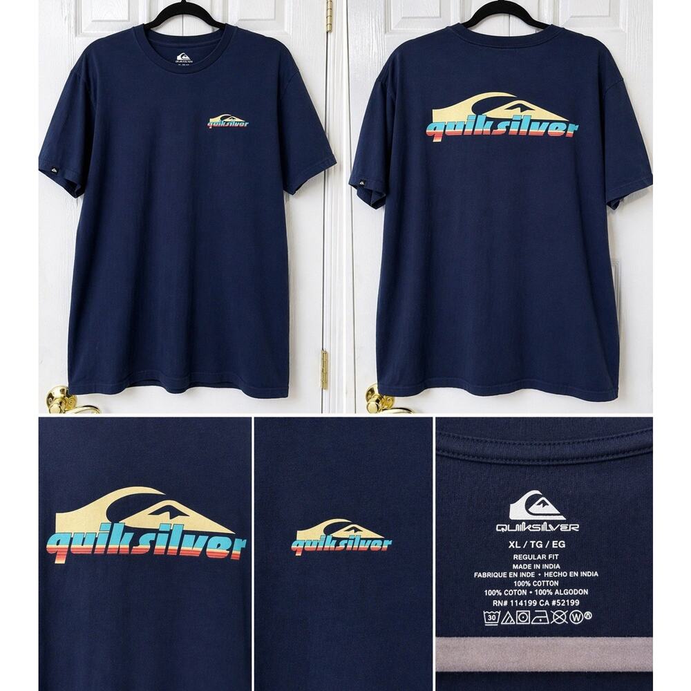 Quiksilver Mens XL Navy Blue Graphic T Shirt Retro Logo Back Print Surf Skate T